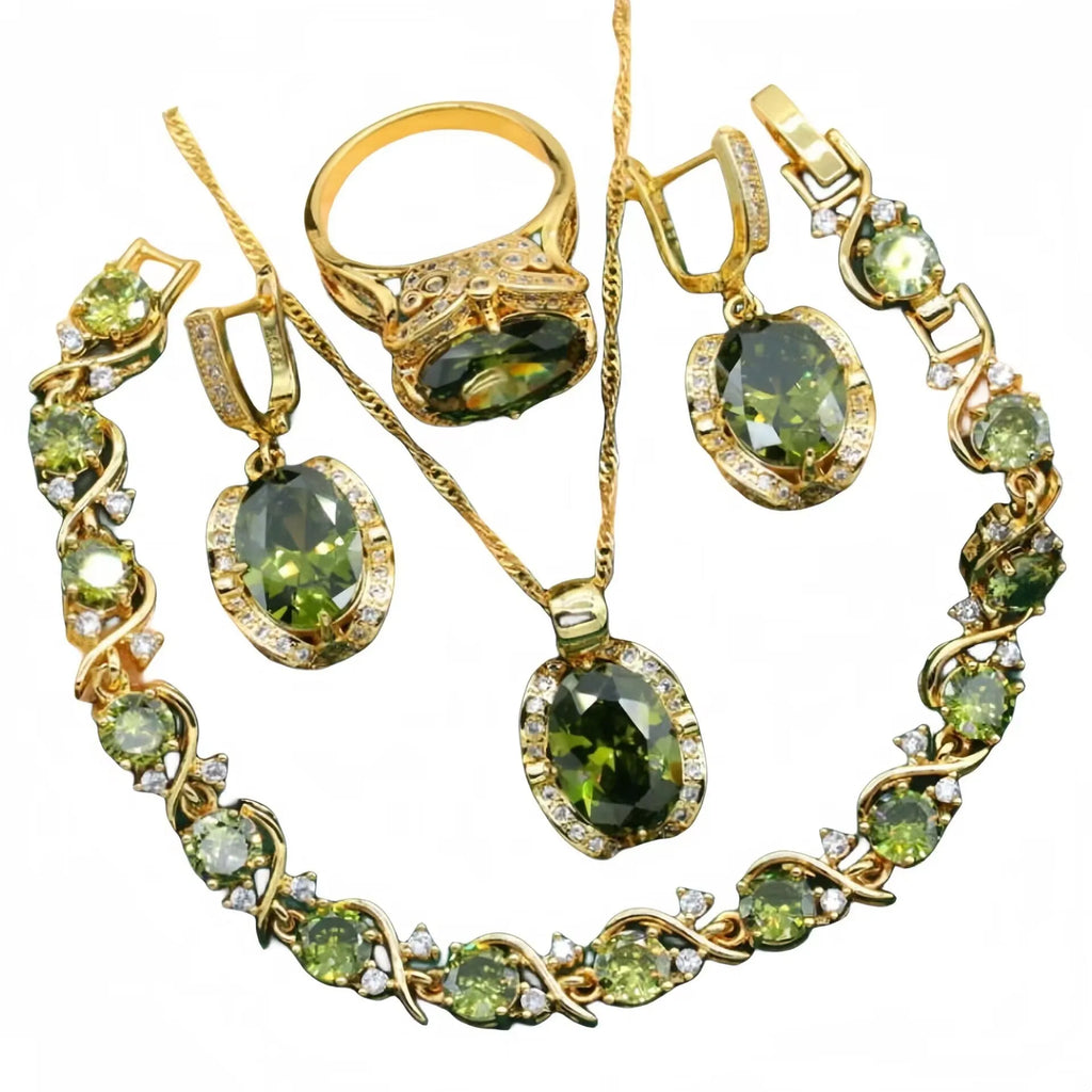 Full rhinestone zircon women's jewellery set with electroplated copper in olive green or red colours