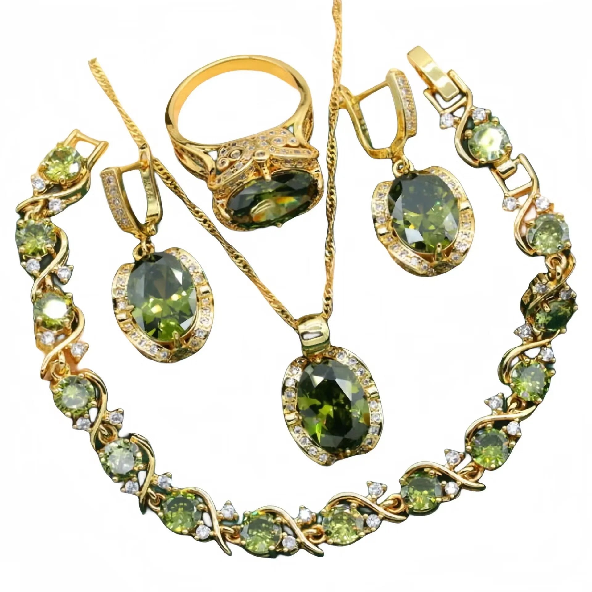 Full rhinestone zircon women's jewellery set with electroplated copper in olive green or red colours