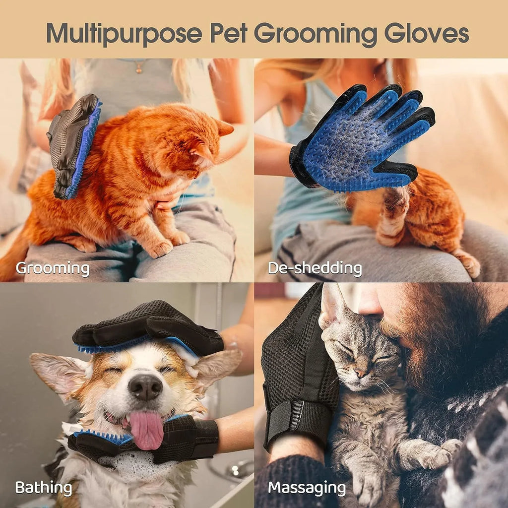 Blue pet grooming gloves with silicone grooming tips for dogs and cats