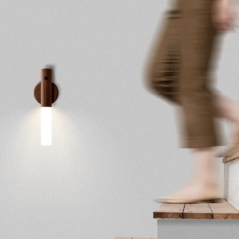 Smart sensor LED desk lamp with solid wood base and motion detection feature