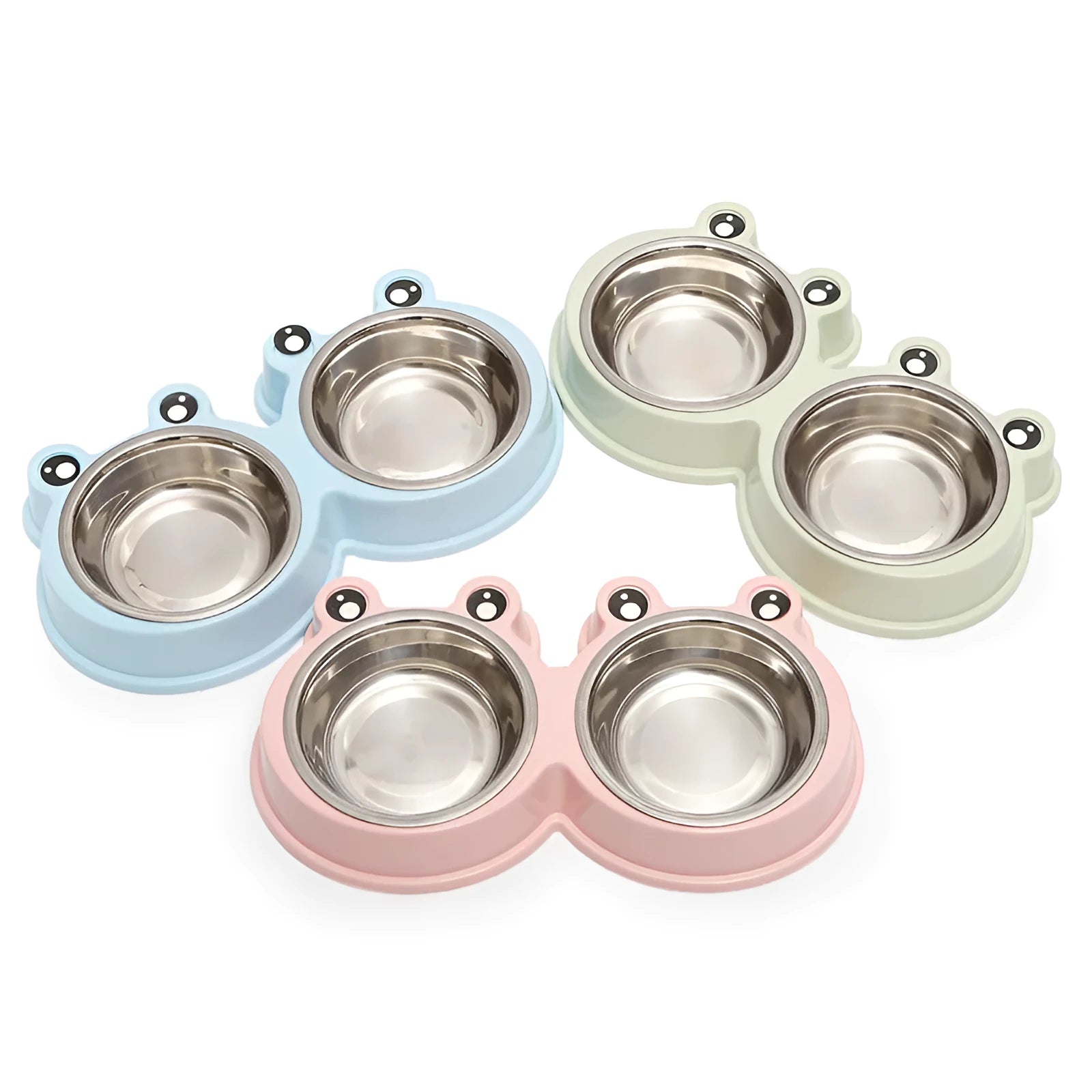 Stainless steel pet bowl with frog decoration and double compartments for food and water separation