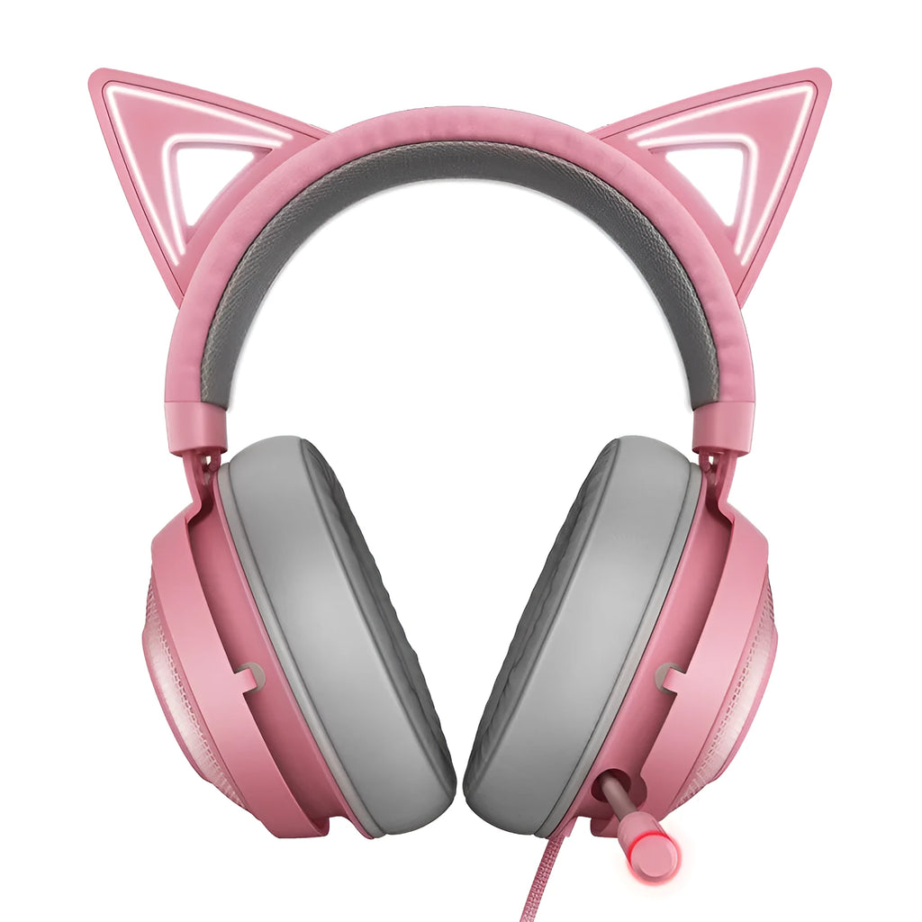 Pink glowing cat earphones with colourful LED lights on ear cups, wired USB connection