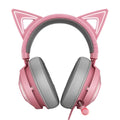 Pink glowing cat earphones with colourful LED lights on ear cups, wired USB connection