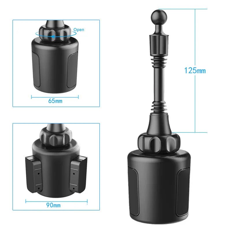 Black car cup holder mobile phone holder made of ABS and aluminium tube encapsulation, 9 x 9 x 16.5 cm, shown in a car interior.