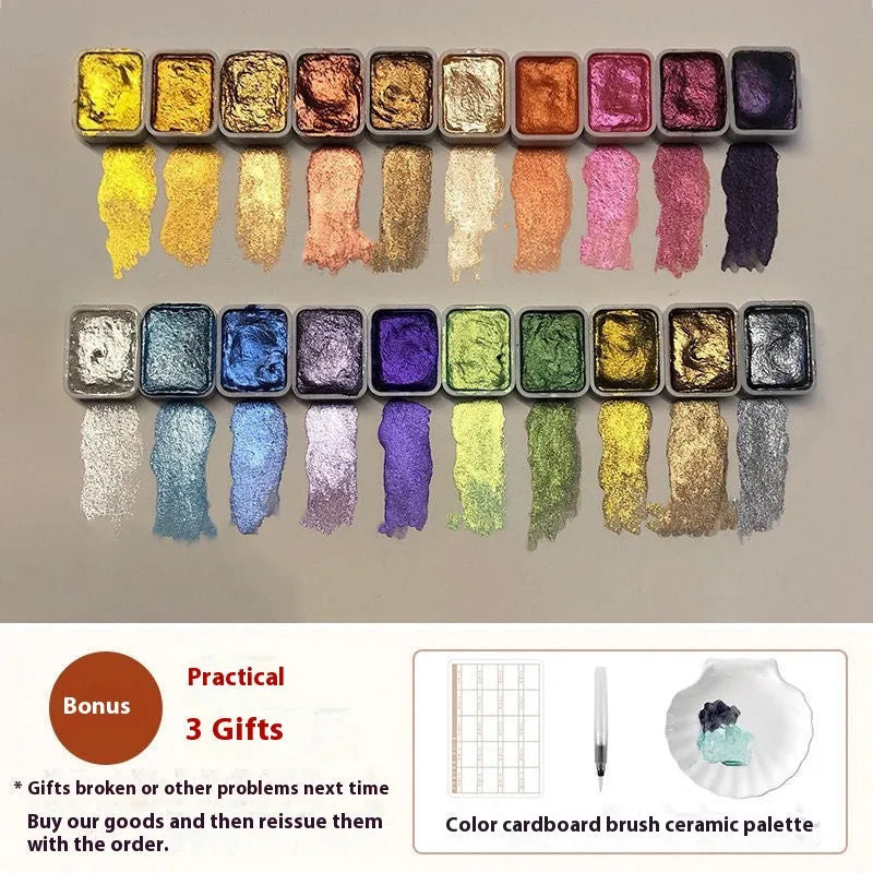Traditional Chinese mineral watercolour set showing tubes of red, white, gold and a palette of 20 warm and cold colours.