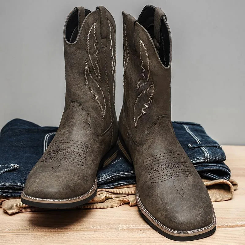 Men's retro cowboy worker boots in brown PU leather with round toe and flat rubber sole