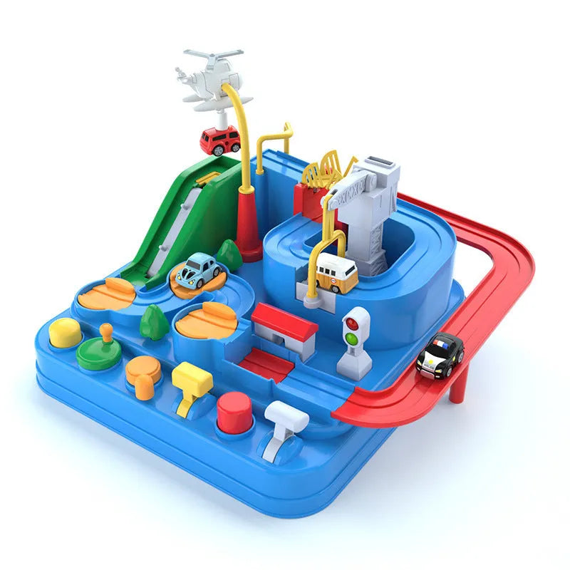 Children's plastic toy car track set with handle remote control and multiple trolley cars