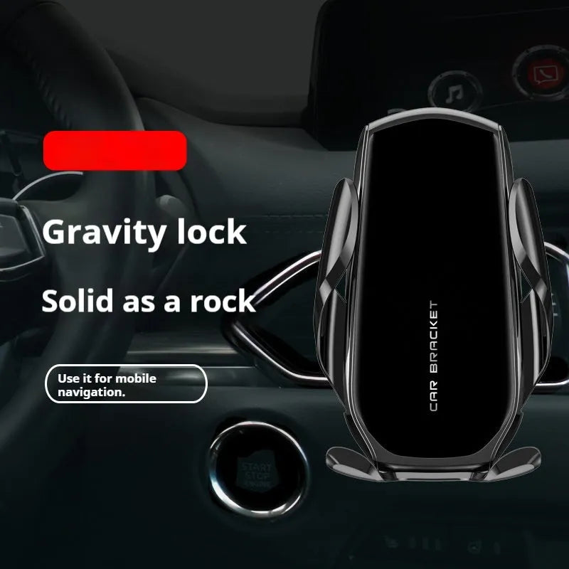 Car phone holder with wireless charging clipped to air vent, black colour
