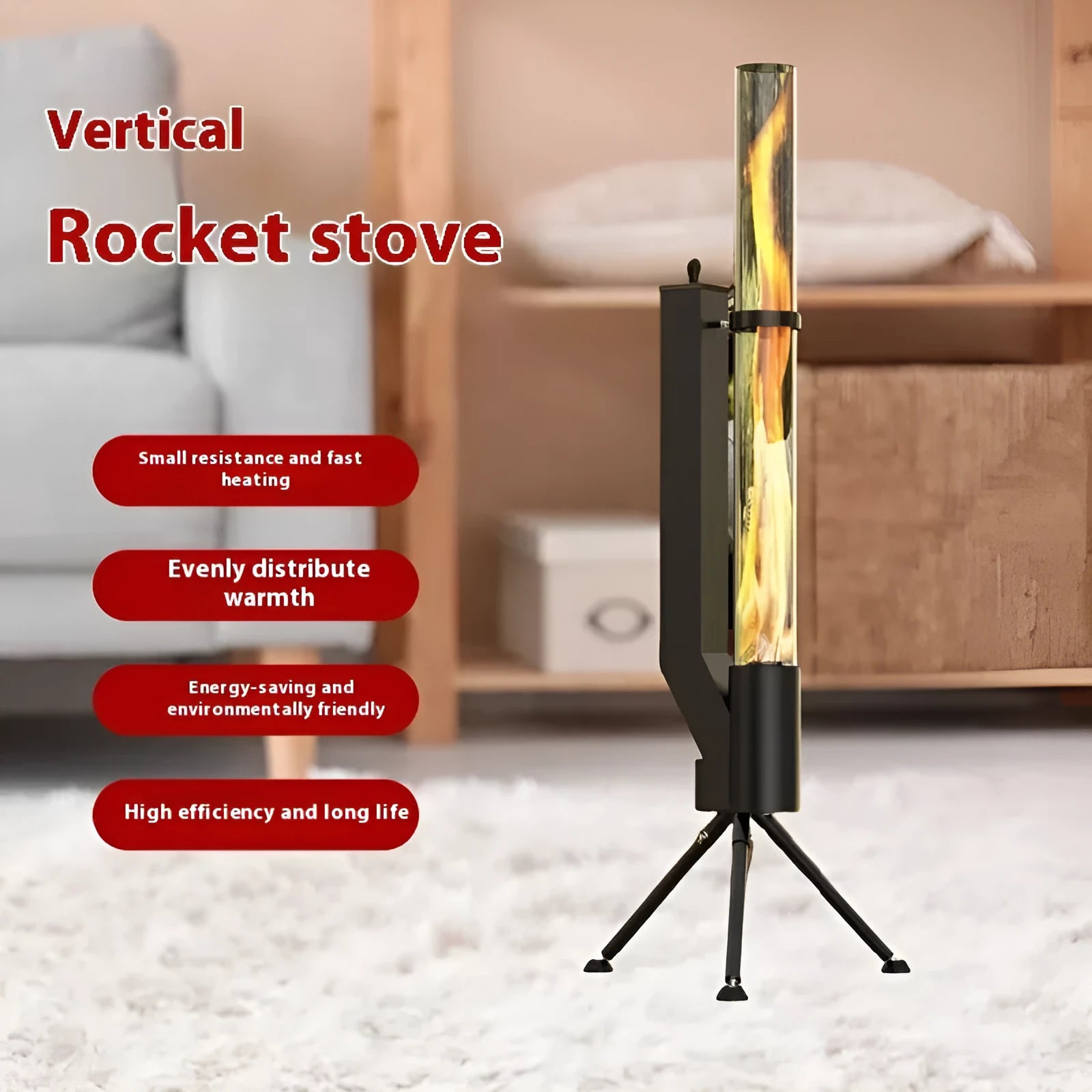Vertical iron rocket furnace wood burning heating stove for outdoor courtyard use.