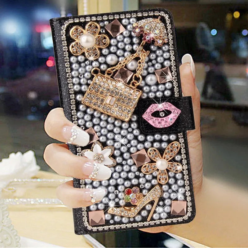 Faux leather phone case with rhinestones for iPhone 14 15 16 series in white and black designs including gem wallet and crown fox