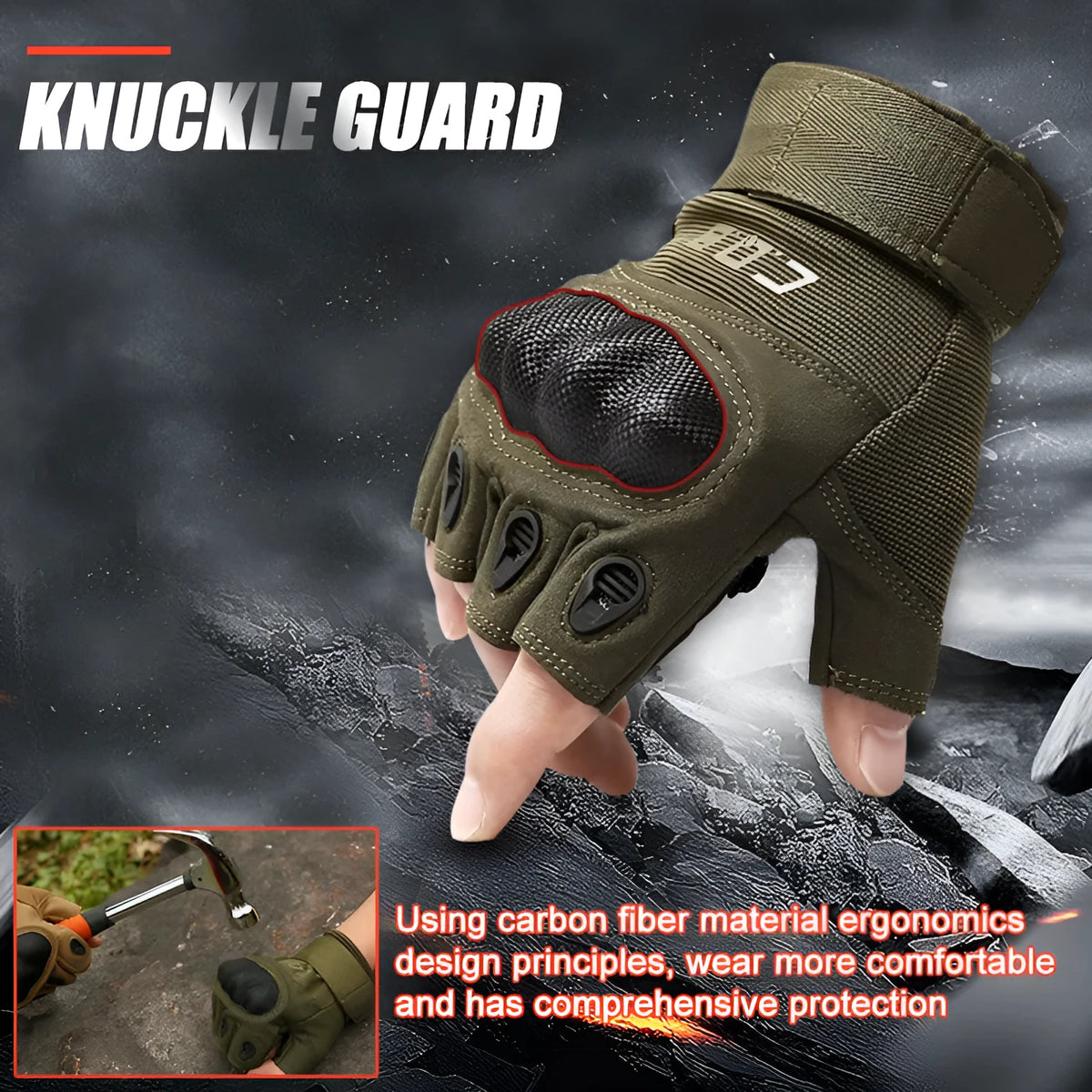 Tactical half finger gloves with rubber knuckle protective gear in army green colour for men