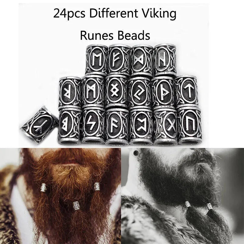 Set of 24 Viking rune beard beads in antique silver, bronze, and red brass finishes