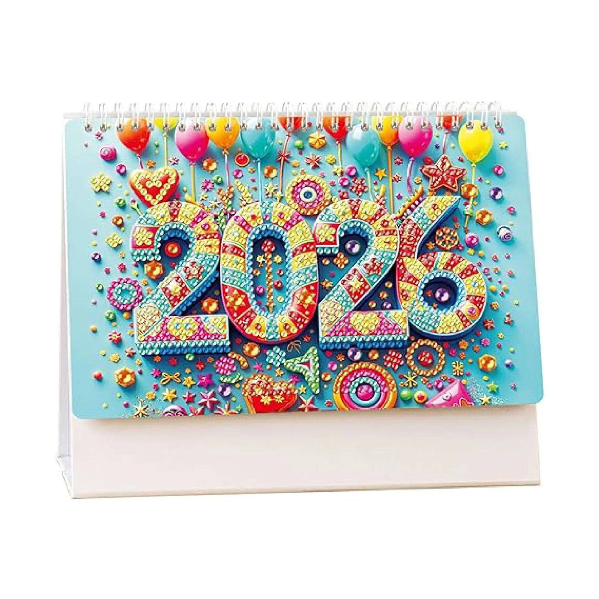 Frameless white card desk calendar with cartoon diamond painting design and stick-on crystals on a desk surface.