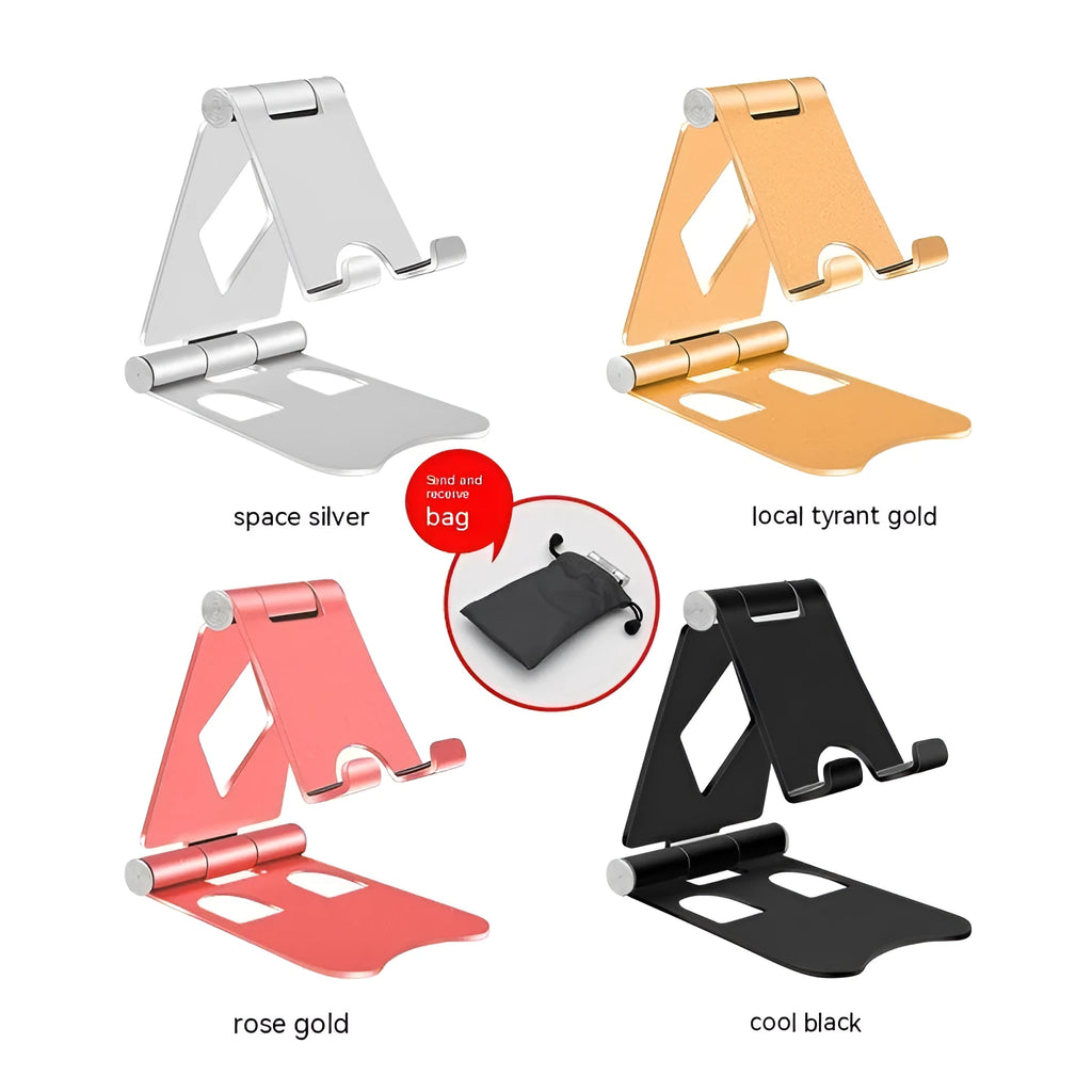 Aluminium alloy mobile desktop stand folding bracket in silver on a desk with a smartphone