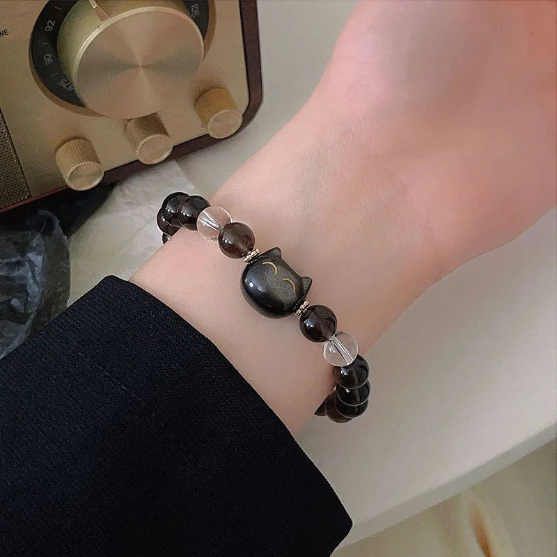Women's silver bracelet with cat head charm and ice stone opal beads