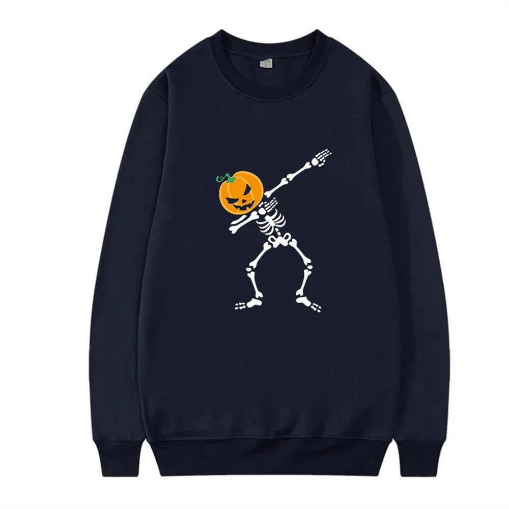 Women's black printed crew neck long sleeve cotton sweatshirt on a hanger.