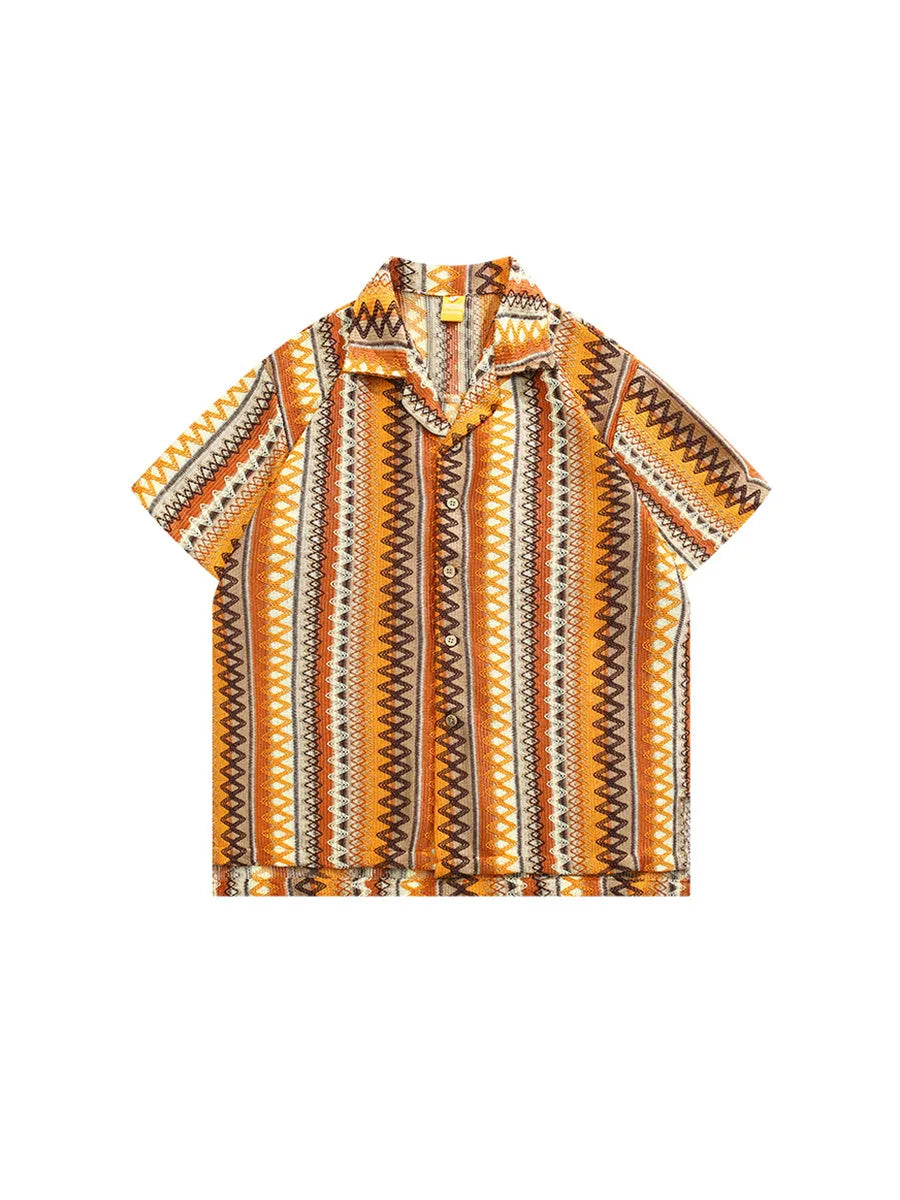 Loose fit ethnic style shirt with Cuban collar and contrast colour, featuring short drop-shoulder sleeves.
