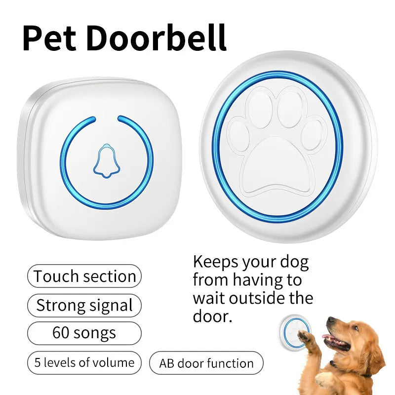 Black and white wireless waterproof pet doorbell with a touch button and plug-in receiver unit.