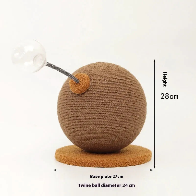Cat scratch board with hemp rope surface shown with a cat grasping ball accessory