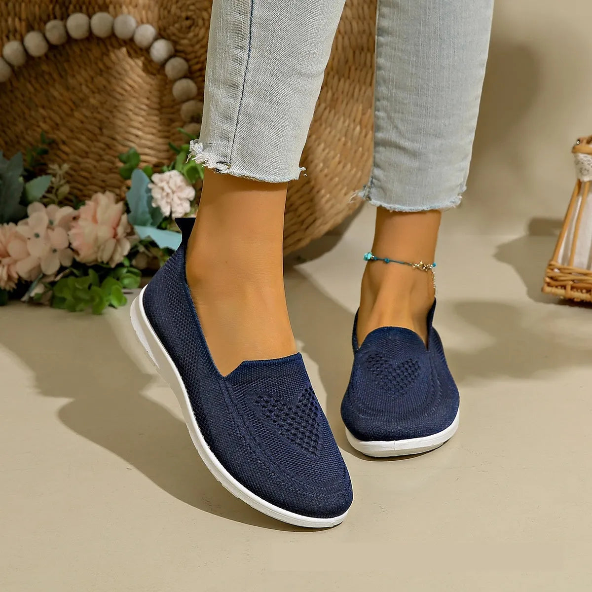 Women's plus size low-top casual cloth shoes with heart pattern and mesh lining in beige.