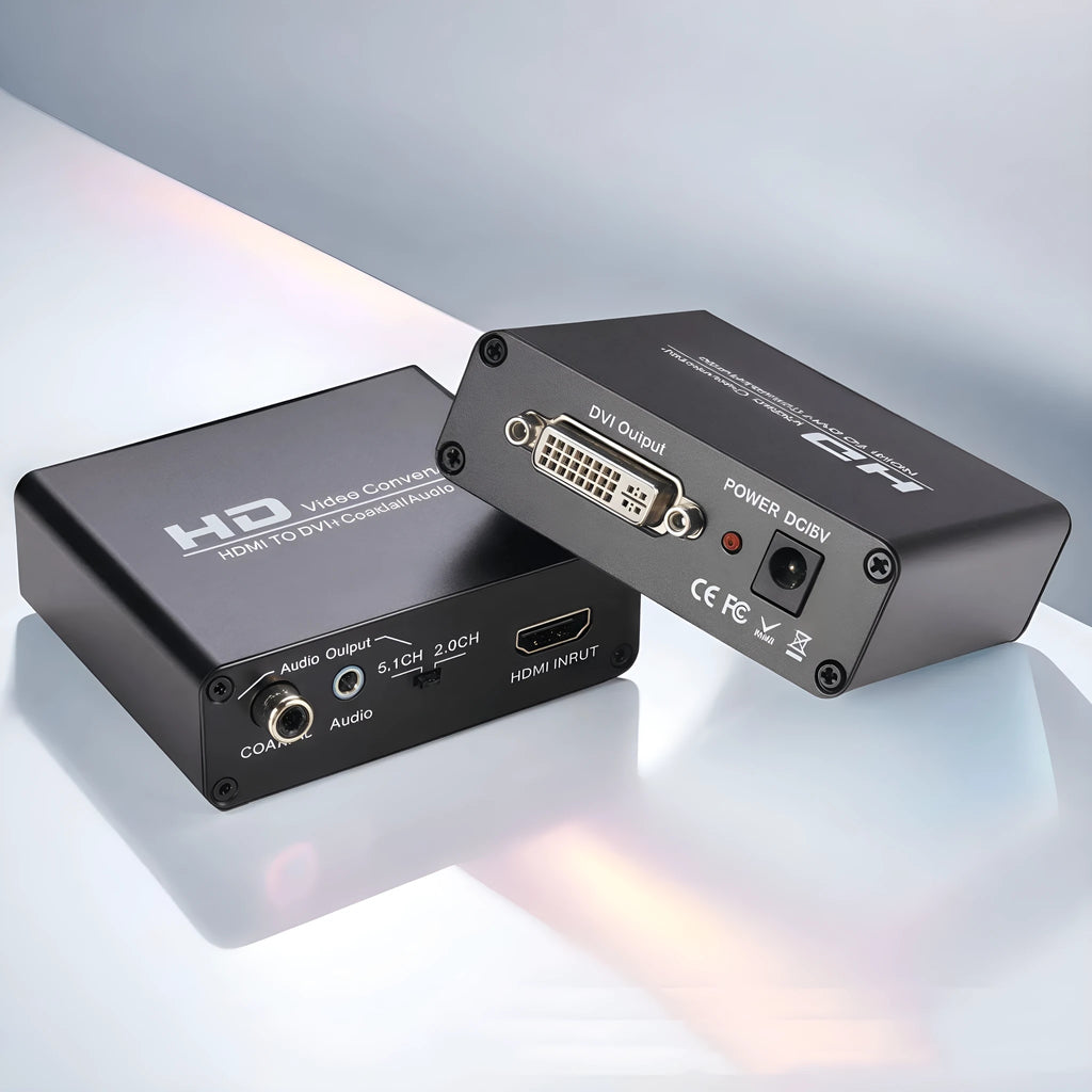 Black HDMI to DVI converter with coaxial audio port and 1.5 metre attached cable