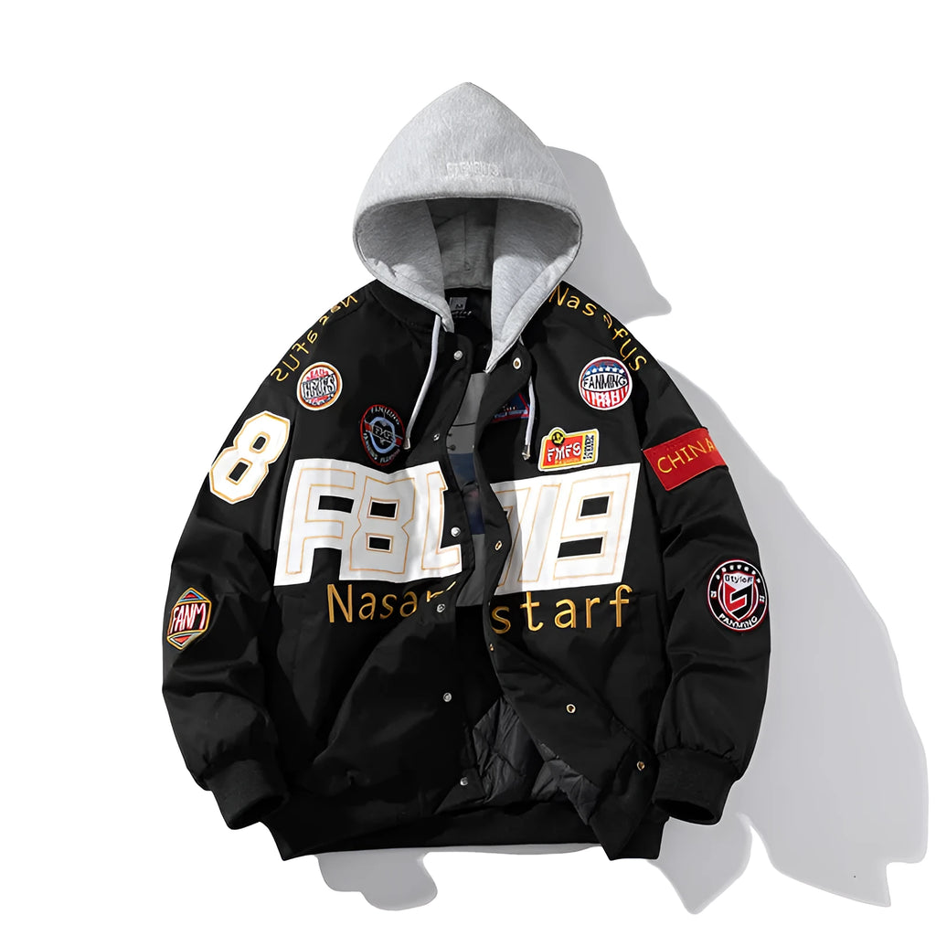 American motorcycle baseball jacket with removable hood in black, red, and blue colours