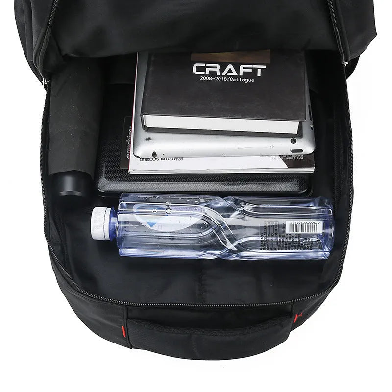 Men's nylon backpack with curved shoulder straps in black, blue, grey or red with letter detailing