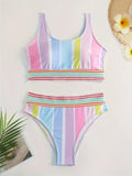 Women's striped two-piece bikini set in briefs style, shown in picture colour, for swimming and sports.