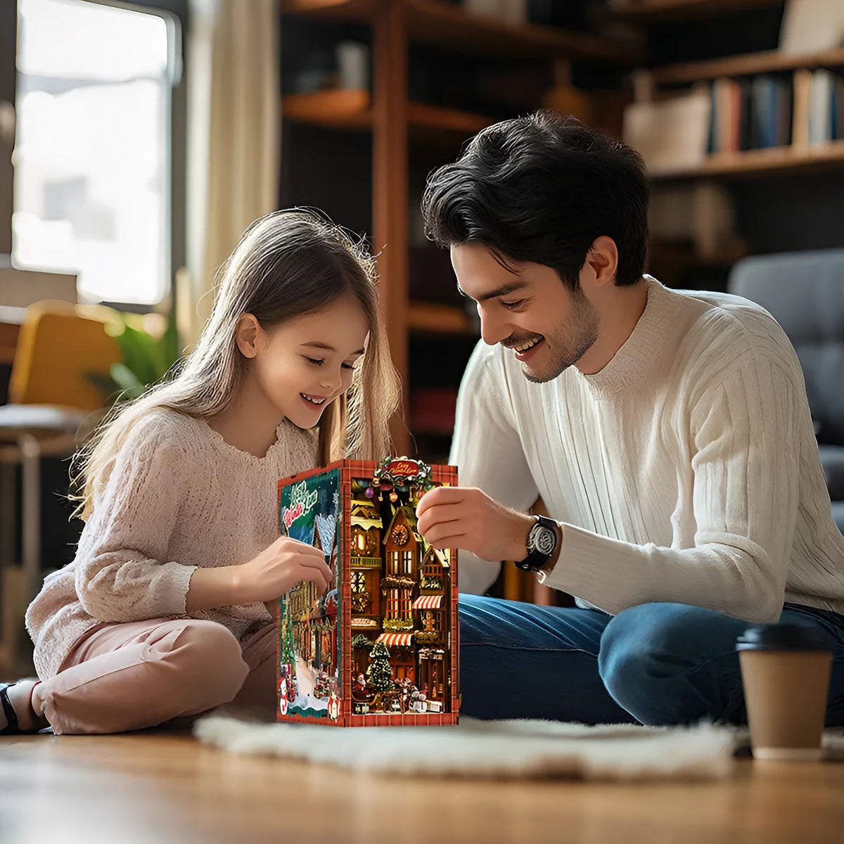 Wooden 3D bookend model kit in Cabin colour, handmade assembly toy house for ages 7-14 and all ages