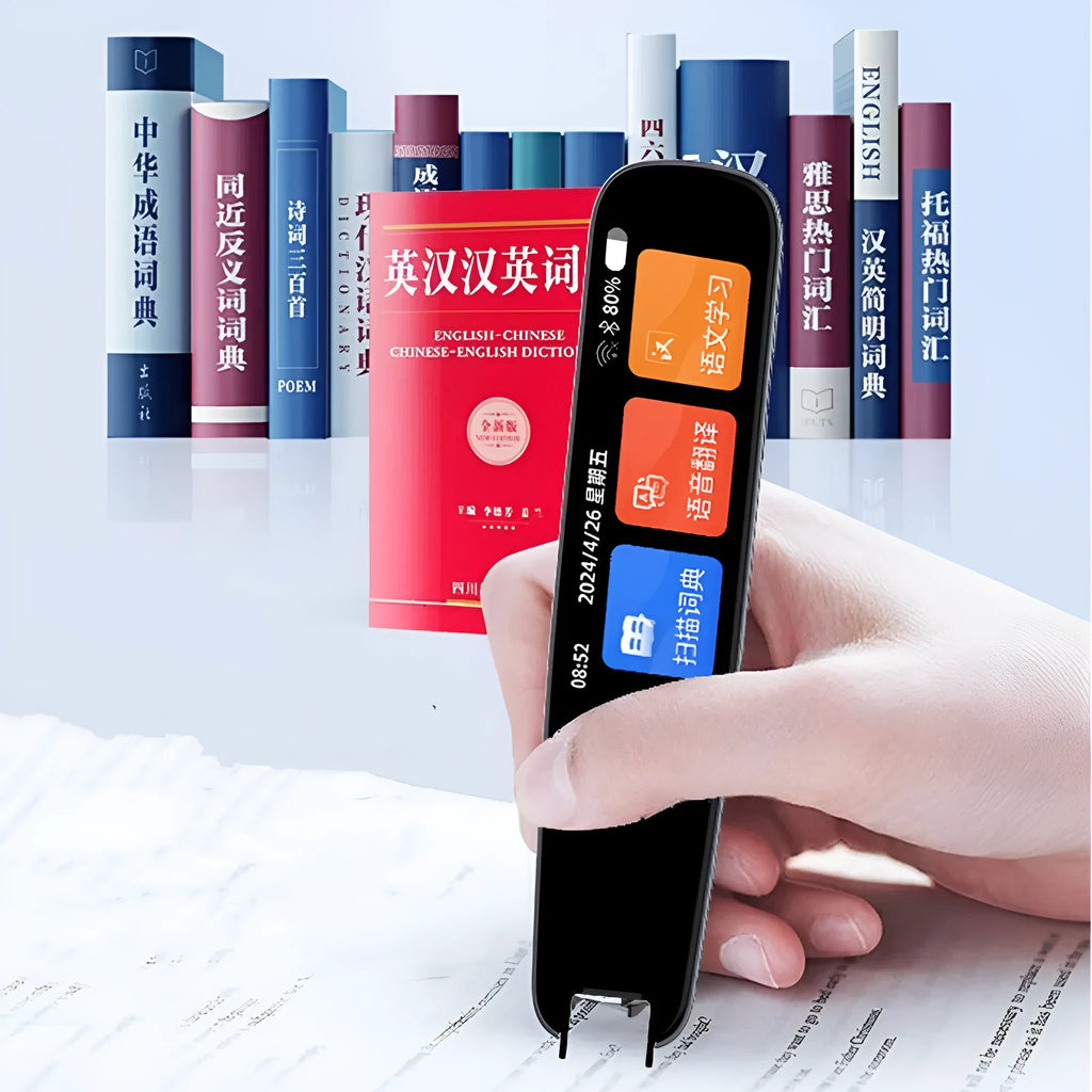 Dark Gray and White offline scan translation talking pen for English study on a desk.