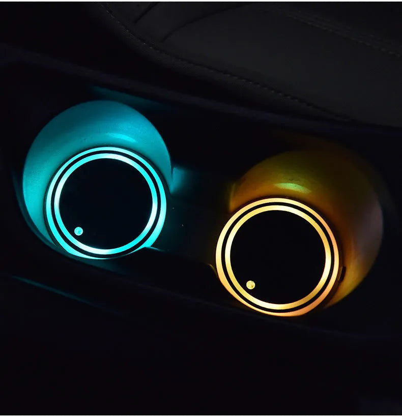 Car cup holder LED light-up coaster showing seven colour illumination options and 68mm diameter