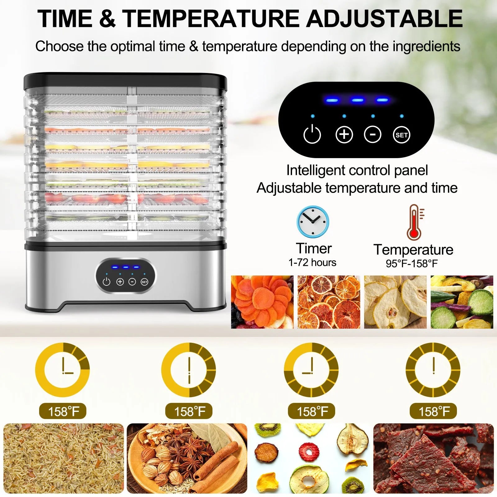 Silver and red eight-layer food dehydrator with intelligent timer control and large drying capacity