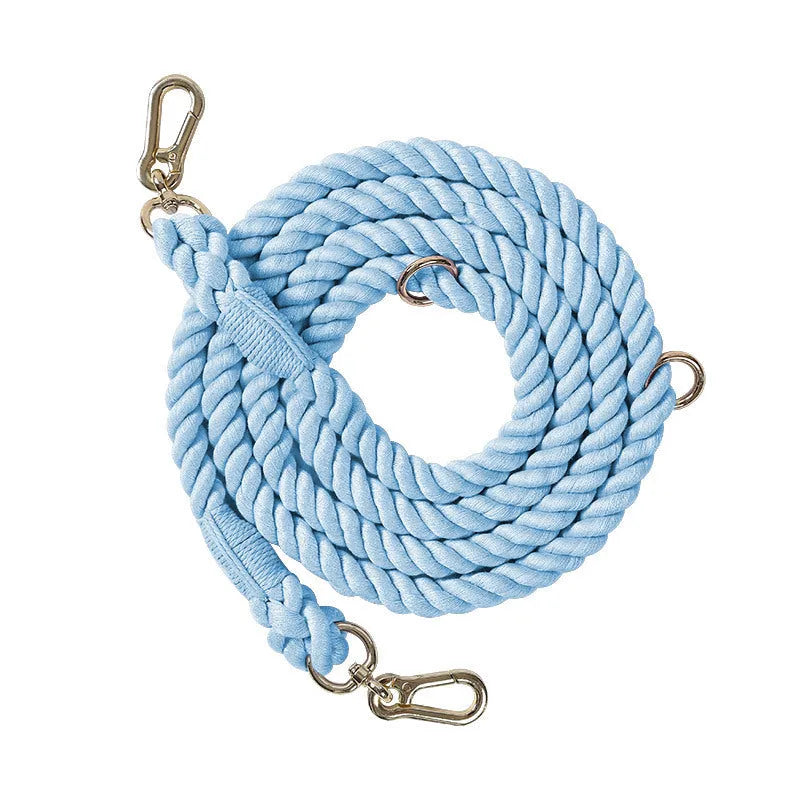 Woven rainbow double-ended dog lead with hand-held rope section in multiple colour options