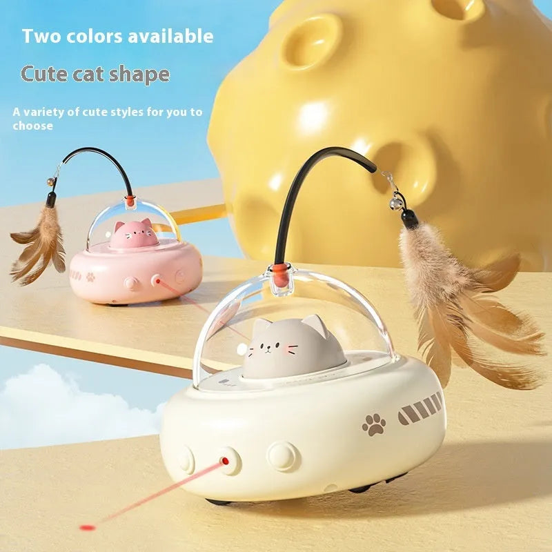 Electric UFO cat teaser toy with bell and replaceable feather in Milk Coffee colour