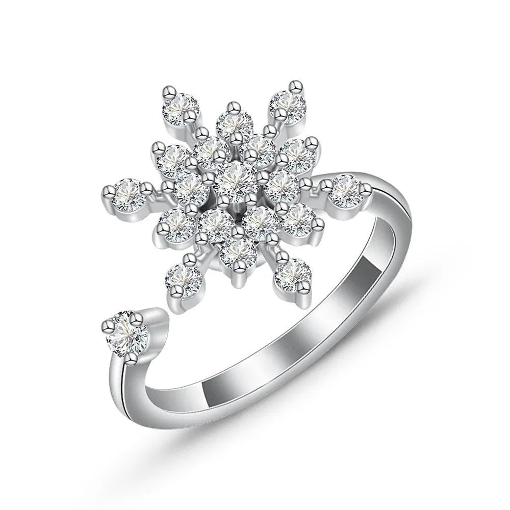 Gold adjustable spinner ring for women with flower bee design, copper alloy, zircon inlay, rotating band