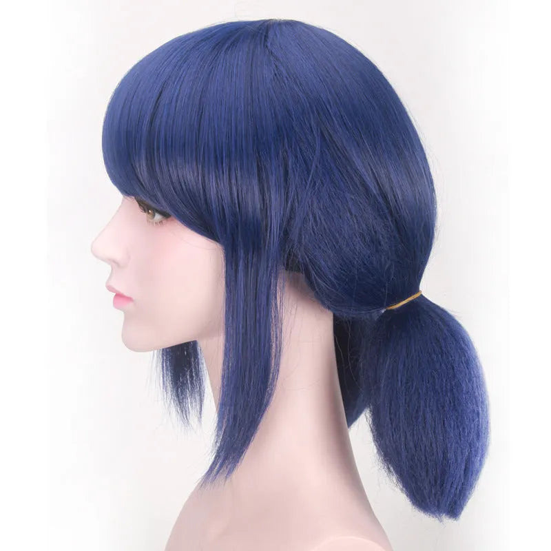 Mixed blue cosplay wig for Ladybug role play with 35cm length and adjustable fit