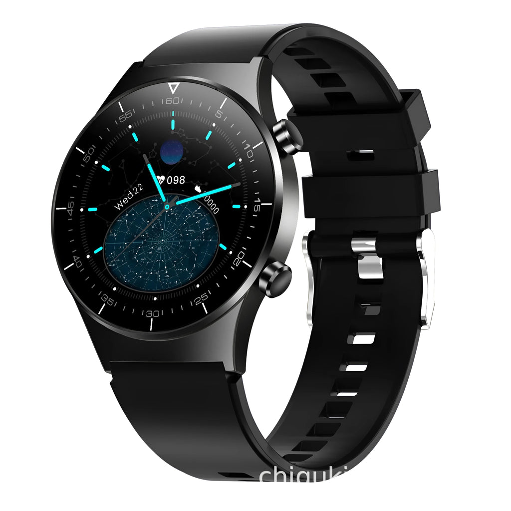Black smartwatch with health monitoring on a TPU wristband showing a 1.28-inch touch screen.