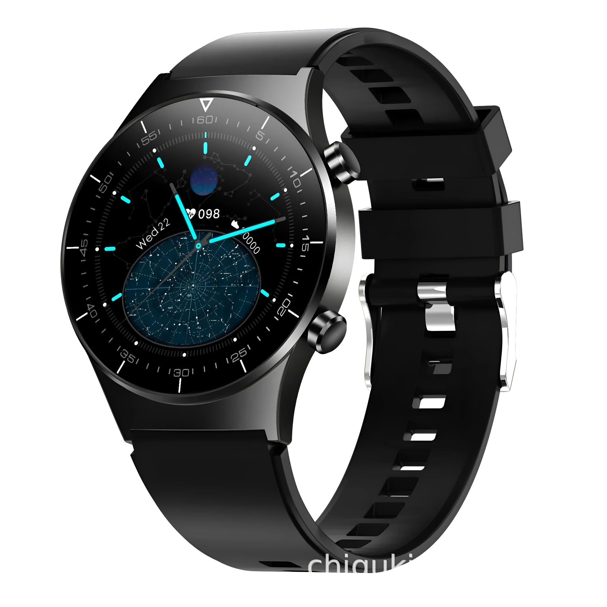 Black smartwatch with health monitoring on a TPU wristband showing a 1.28-inch touch screen.