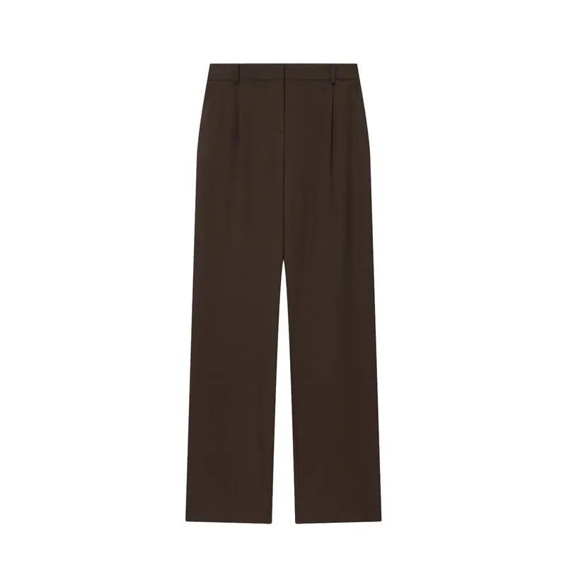 Women's pleated padded shoulder jacket and straight-leg trousers set in solid colour polyester fiber, loose fit, size S