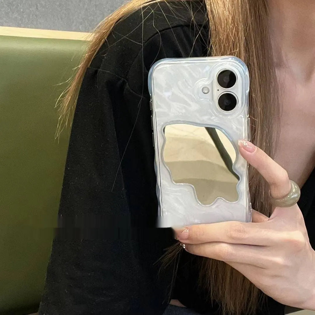 Solid colour iPhone case with water ripple texture and a small mirror, shown on a phone.