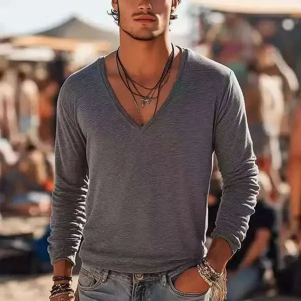 Men's grey long sleeve T-shirt with digital print pattern, autumn winter sports top, sizes S to 6XL