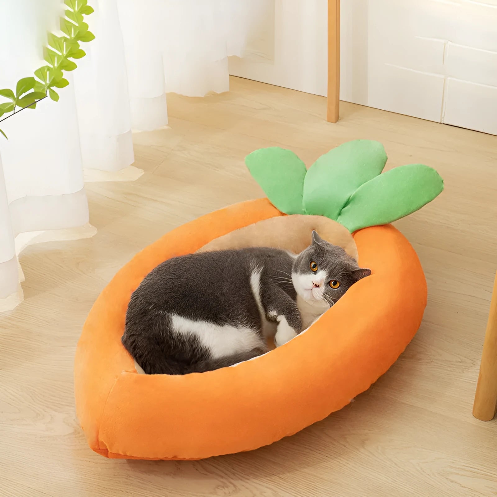 Carrot-shaped nesting dog bed with a soft blanket in two size options for small and medium pets.