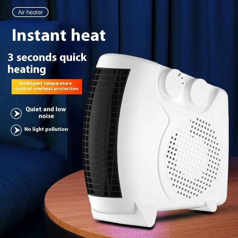 Compact white electric desktop heater with ventilation grille on a desk.