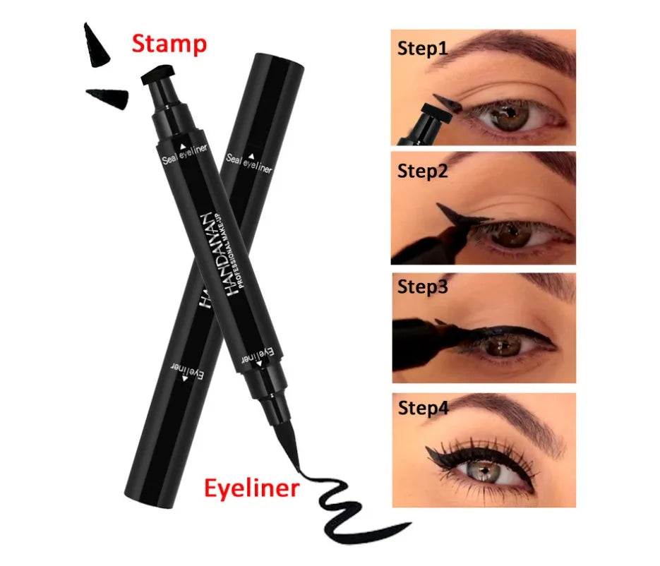 Double-headed seal eyeliner pen in black with triangle seal tip and waterproof 2-in-1 design.