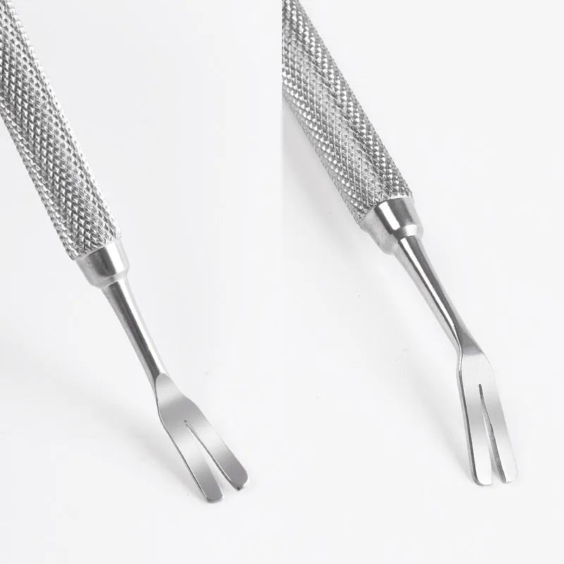 Close-up of stainless steel tick removal tweezers with fine tip and ergonomic handle for pets.