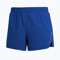 A pair of grey straight-cut unisex running shorts made from moisture-wicking polyester fabric, laid flat.