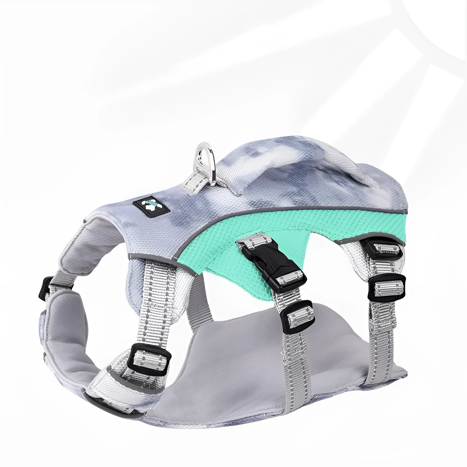 A light blue reflective dog cooling vest harness with a chest strap on a small dog