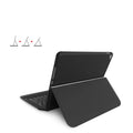 Black ultra-thin wireless Bluetooth keyboard case for iPad Air and iPad Pro in open position