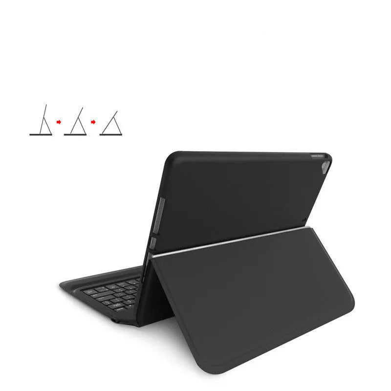 Black ultra-thin wireless Bluetooth keyboard case for iPad Air and iPad Pro in open position