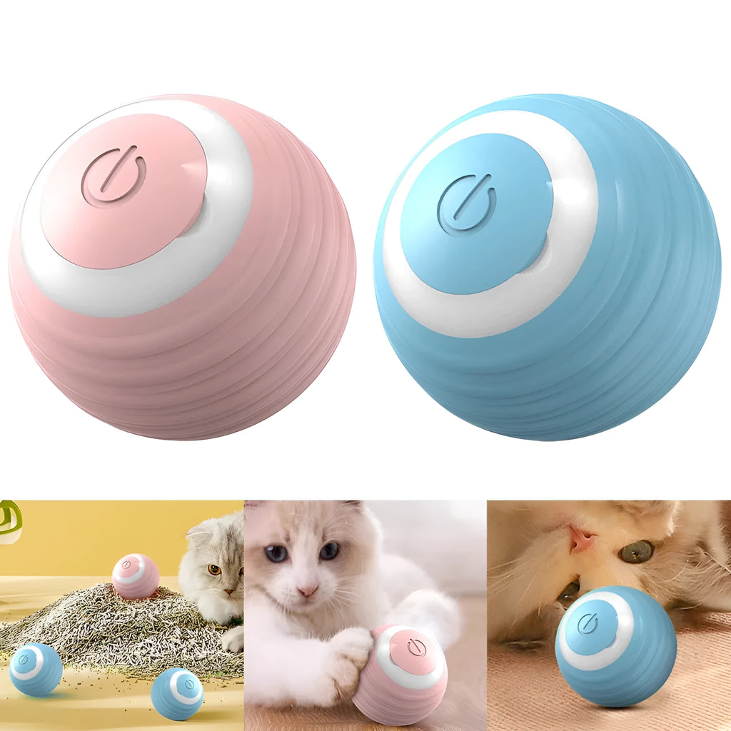 Blue and pink rechargeable automatic moving bouncing ball cat toy on a floor.